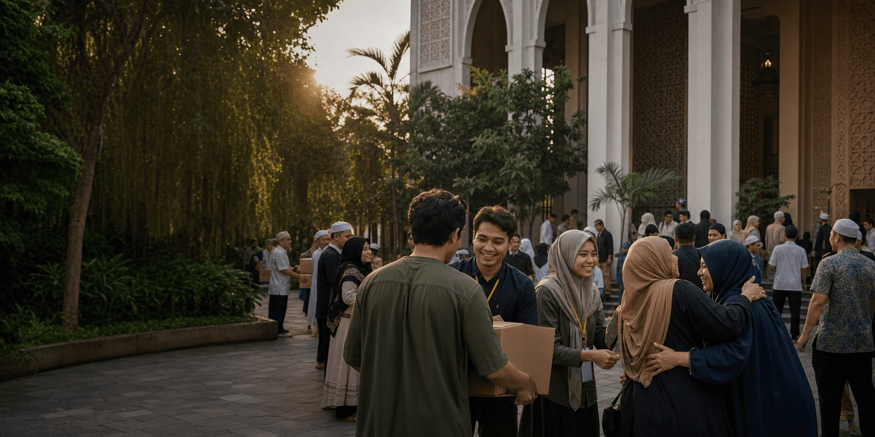 Komunitas berkumpul dan bekerja bersama di lingkungan masjid